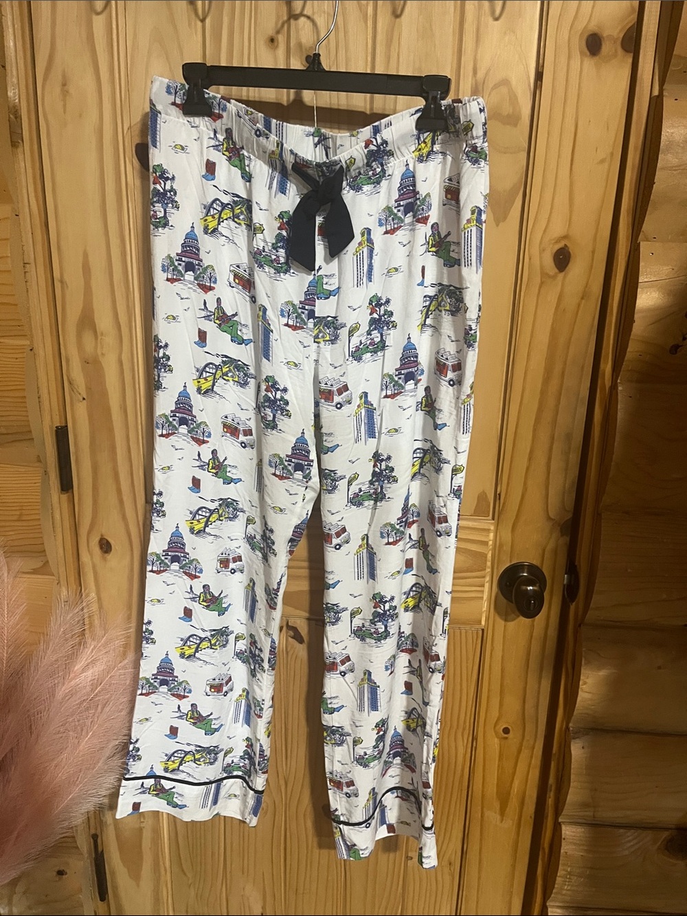 Katie Kime Austin,Texas Print Cotton Women's Pajama Pants Navy Drawstring